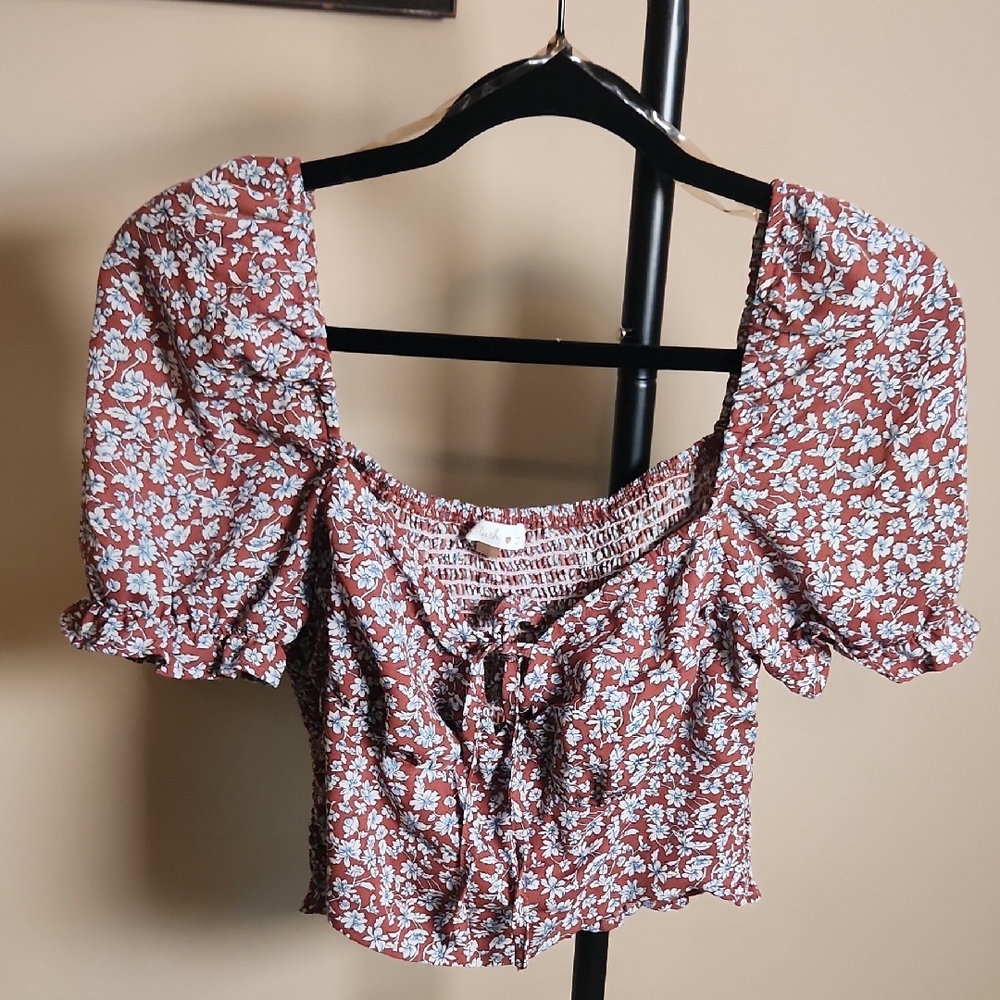 Blush Floral Puff Sleeve Blouse - Brown and Blue